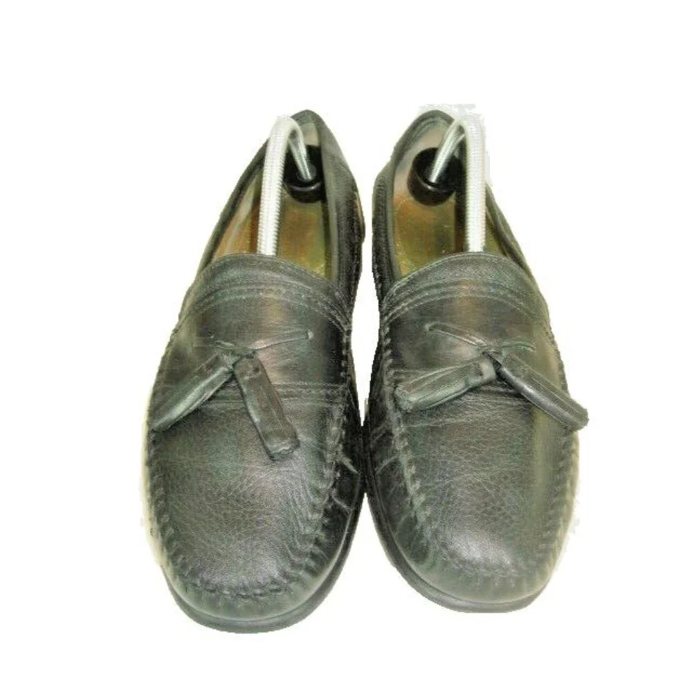 Mens Brass Boot Black Leather Sheepskin Lined Tassel Casual Loafers sz 9.5M
